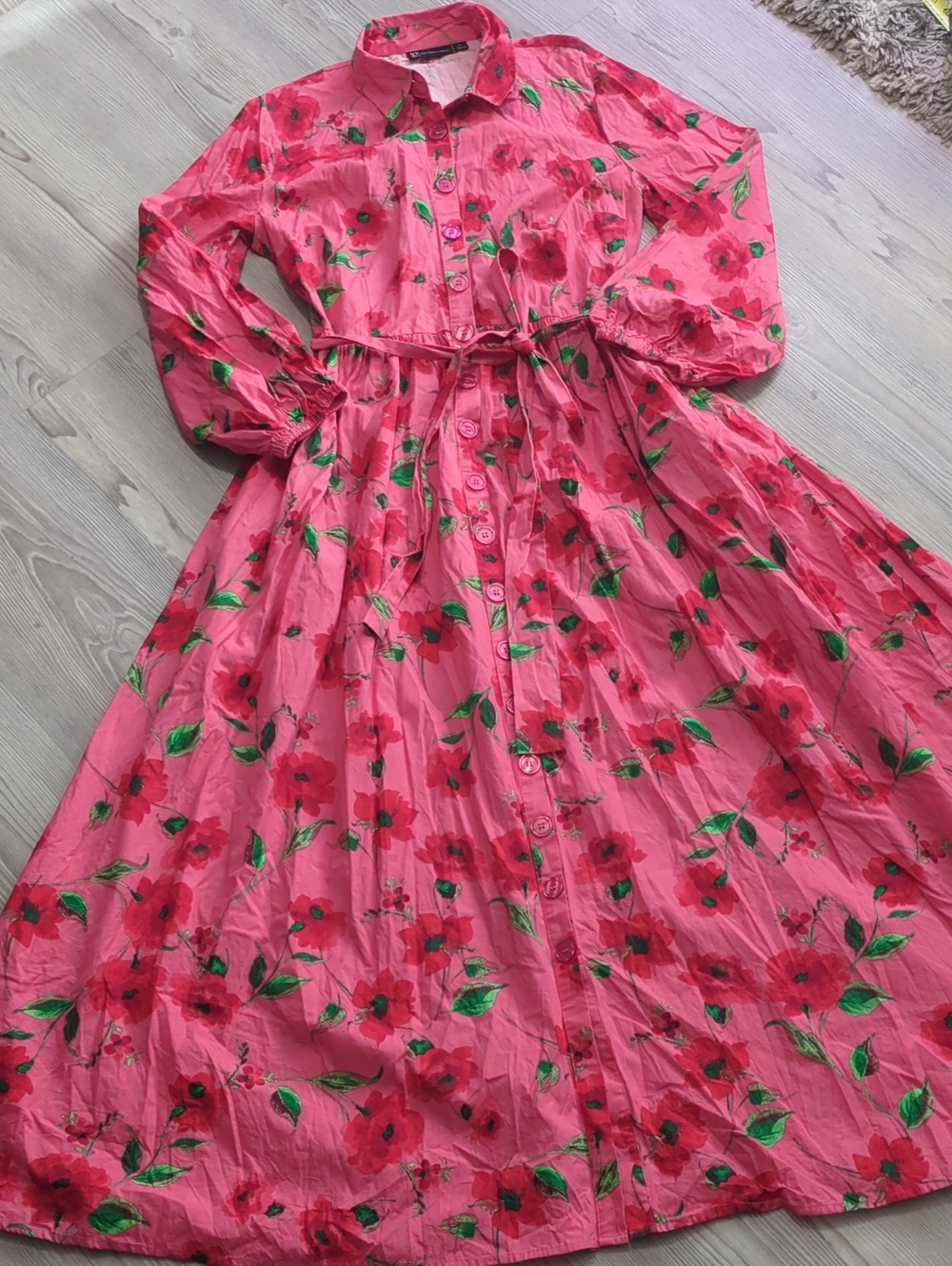 New York & Company XL Pink Floral Button Front Maxi Shirt Dress 100% Cotton
